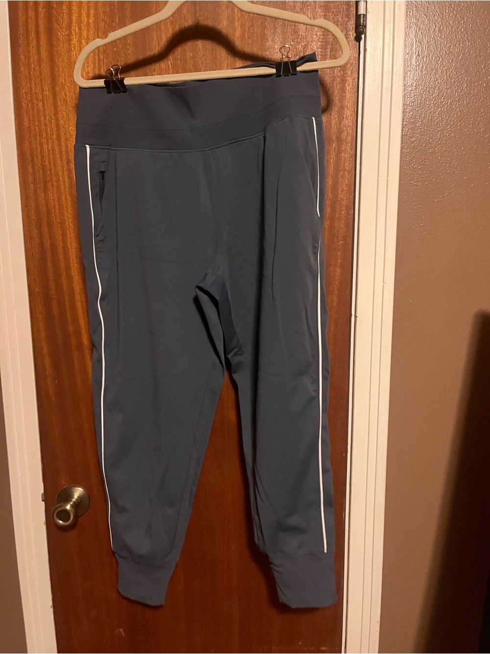 Women’s Blue-Gray Athletic Jogger Pants with White Piping
